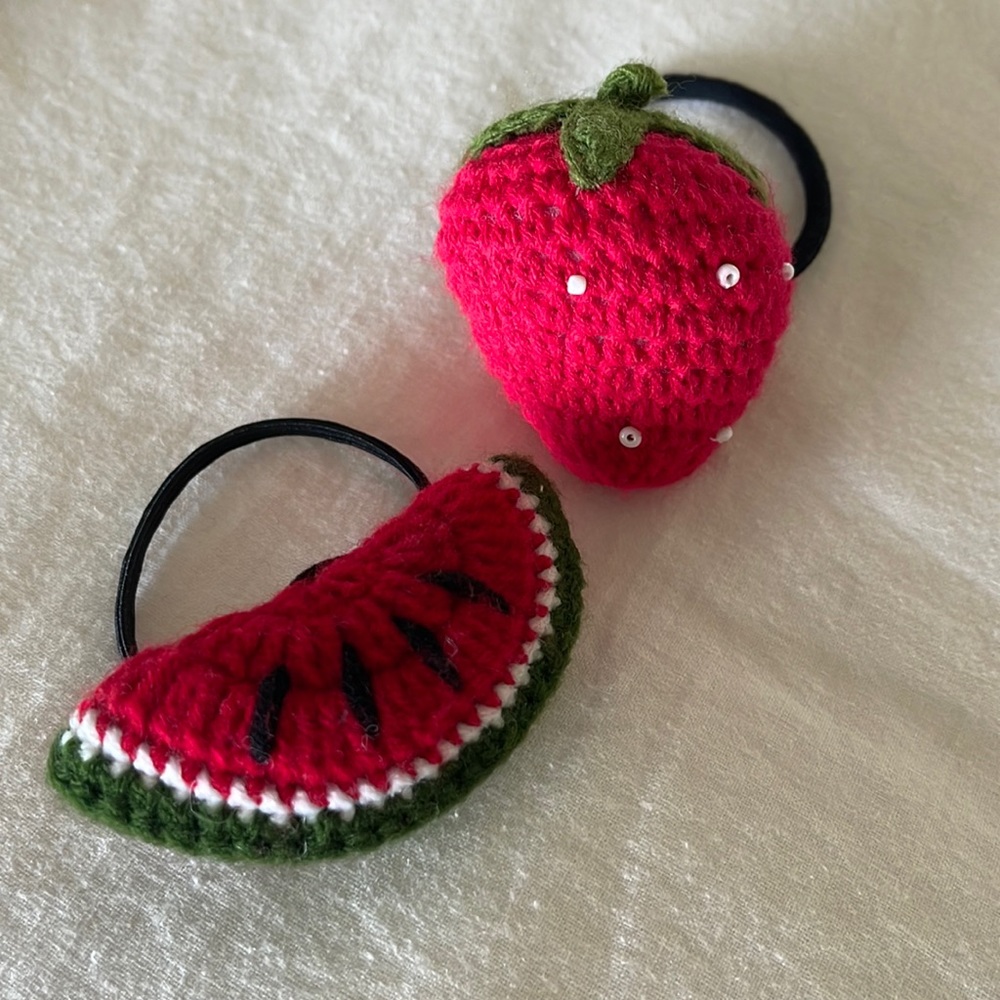 Bundle of 2 crochet fruit hair elastics ponytail holders strawberry watermelon